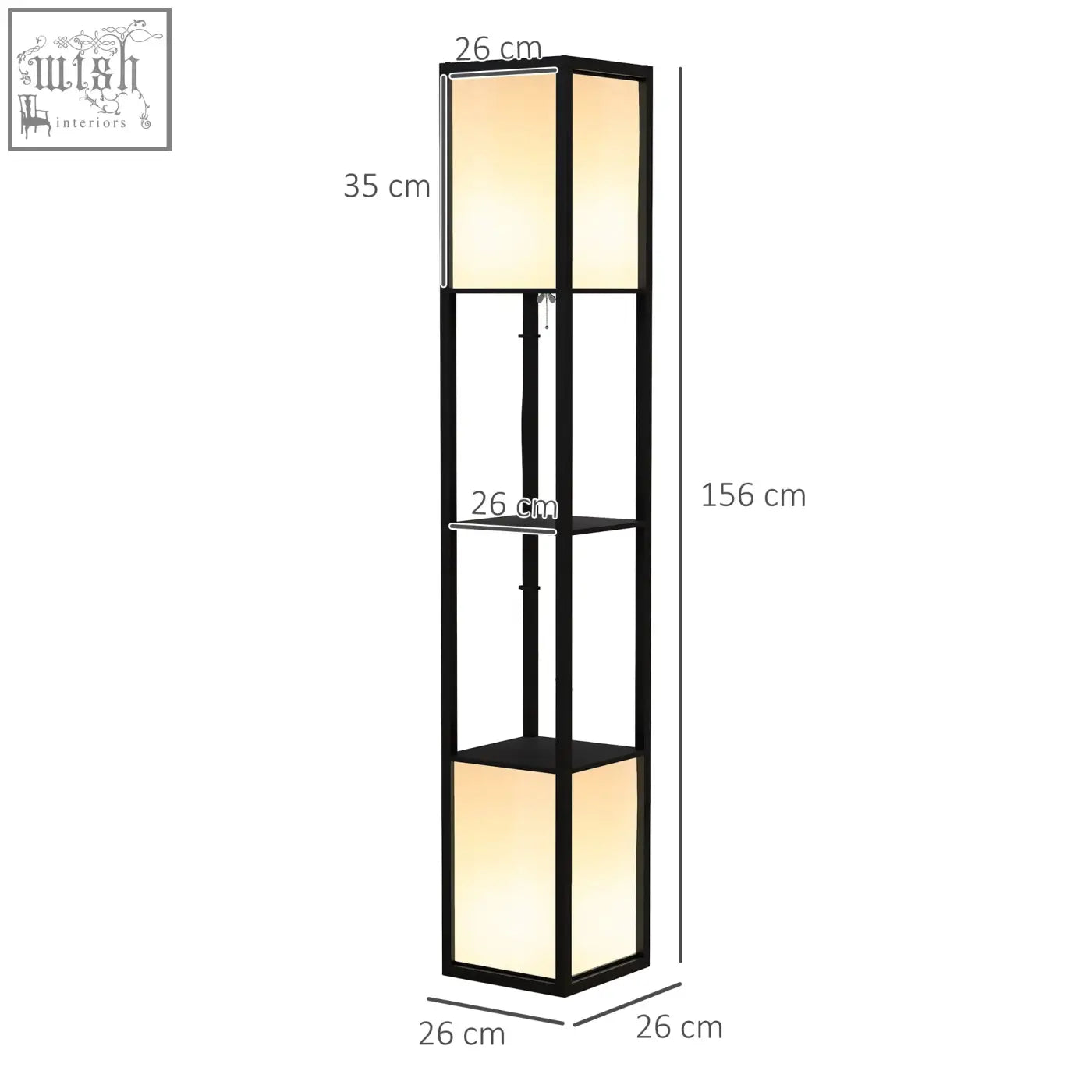Black homcom modern floor lamp with dual ambient light, two middle shelves, and warm lighting for living room use