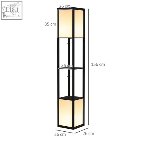 Black homcom modern floor lamp with dual ambient light, two middle shelves, and warm lighting for living room use