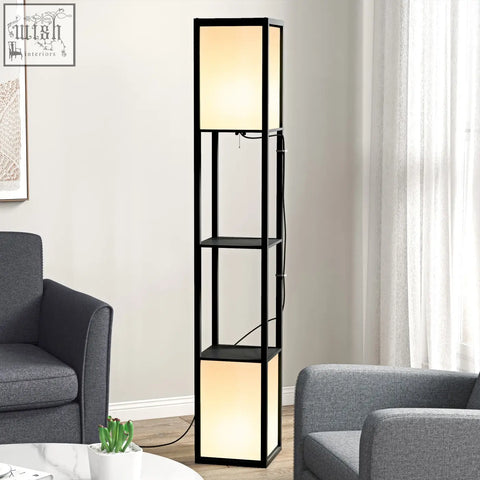 Black homcom modern shelf lamp with three illuminated panels and two middle shelves for living room or bedroom use