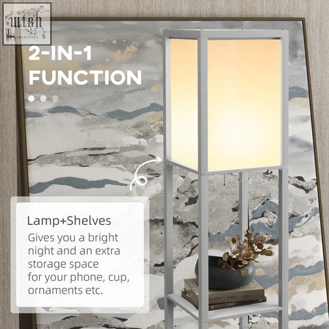 Modern silver metal floor lamp with translucent rectangular shade and two middle shelves for living room or bedroom