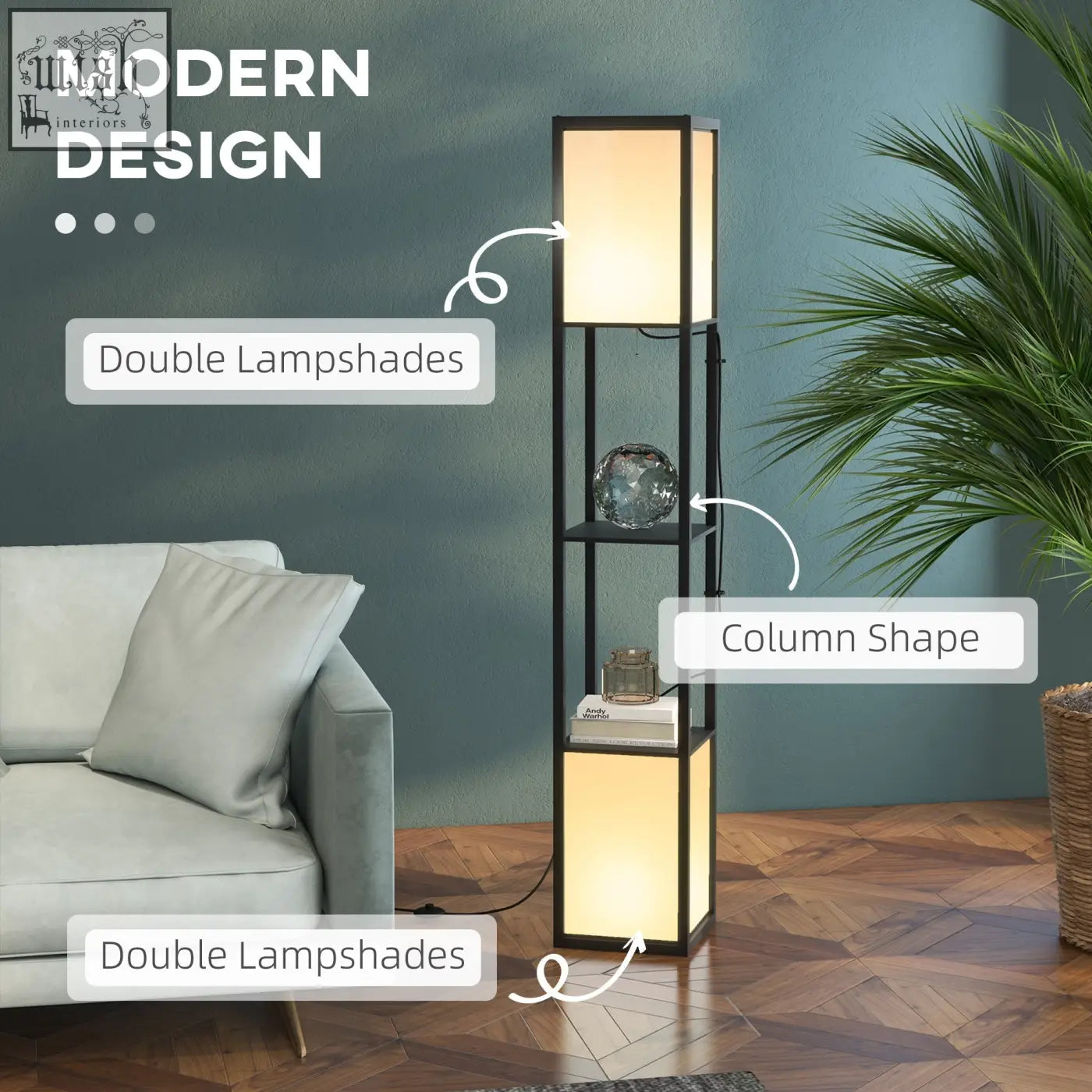 Homcom modern shelf lamp with black metal frame, two middle shelves, and dual ambient lights for living room or bedroom