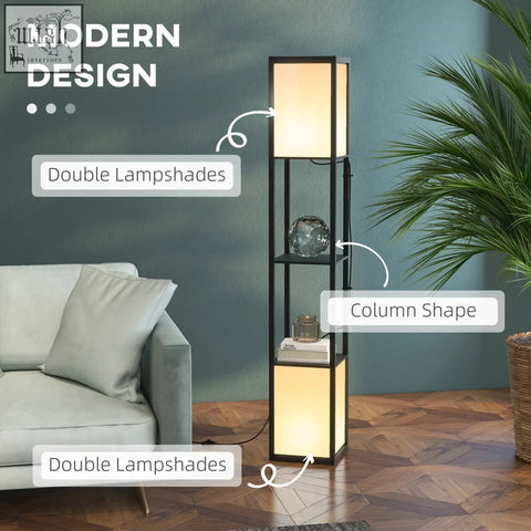 Homcom modern shelf lamp with black metal frame, two middle shelves, and dual ambient lights for living room or bedroom