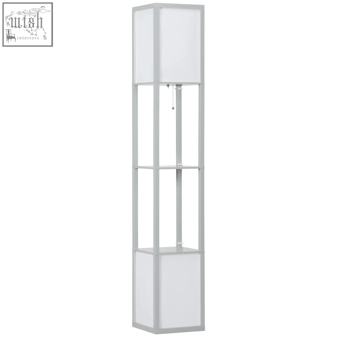 Homcom modern grey floor lamp with two middle shelves and frosted glass panels for living room or bedroom use