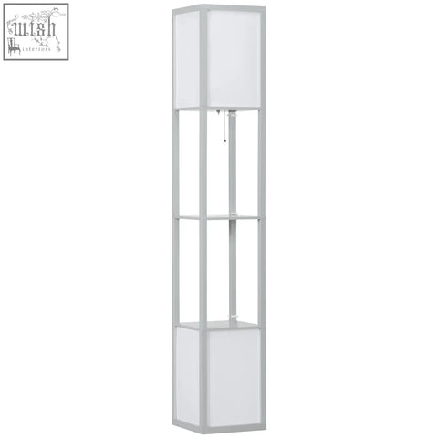 Homcom modern grey floor lamp with two middle shelves and frosted glass panels for living room or bedroom use
