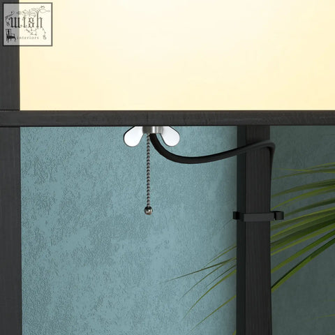 Black metal floor lamp with frosted glass shade and ornate pull chain switch featuring two middle shelves shelf lamp
