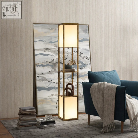 Gold-framed homcom modern shelf floor lamp with illuminated panels and two middle shelves in brown for living room