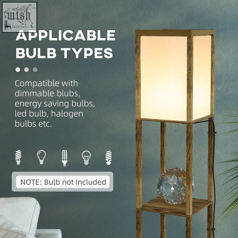Homcom wooden floor lamp with rectangular paper shade and two middle shelves in brown for living room and bedroom