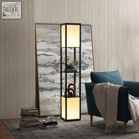 HOMCOM black modern shelf lamp with three illuminated panels and two middle shelves perfect for living rooms and bedrooms