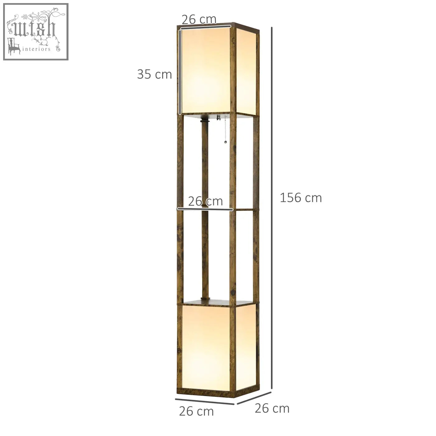 Tall brown homcom modern wooden floor lamp with two middle shelves and dual illuminated rectangular panels for warm light