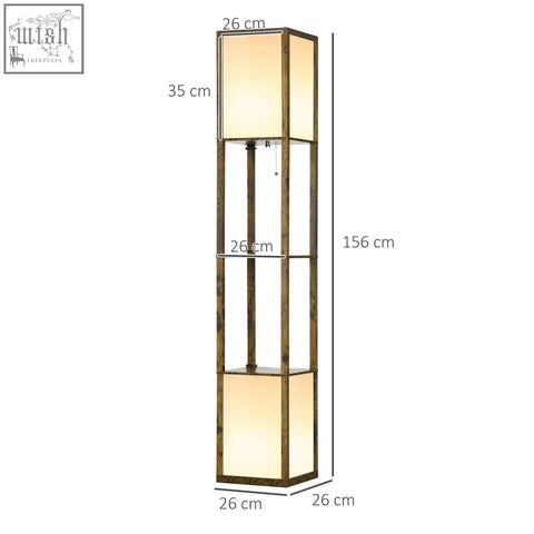 Tall brown homcom modern wooden floor lamp with two middle shelves and dual illuminated rectangular panels for warm light