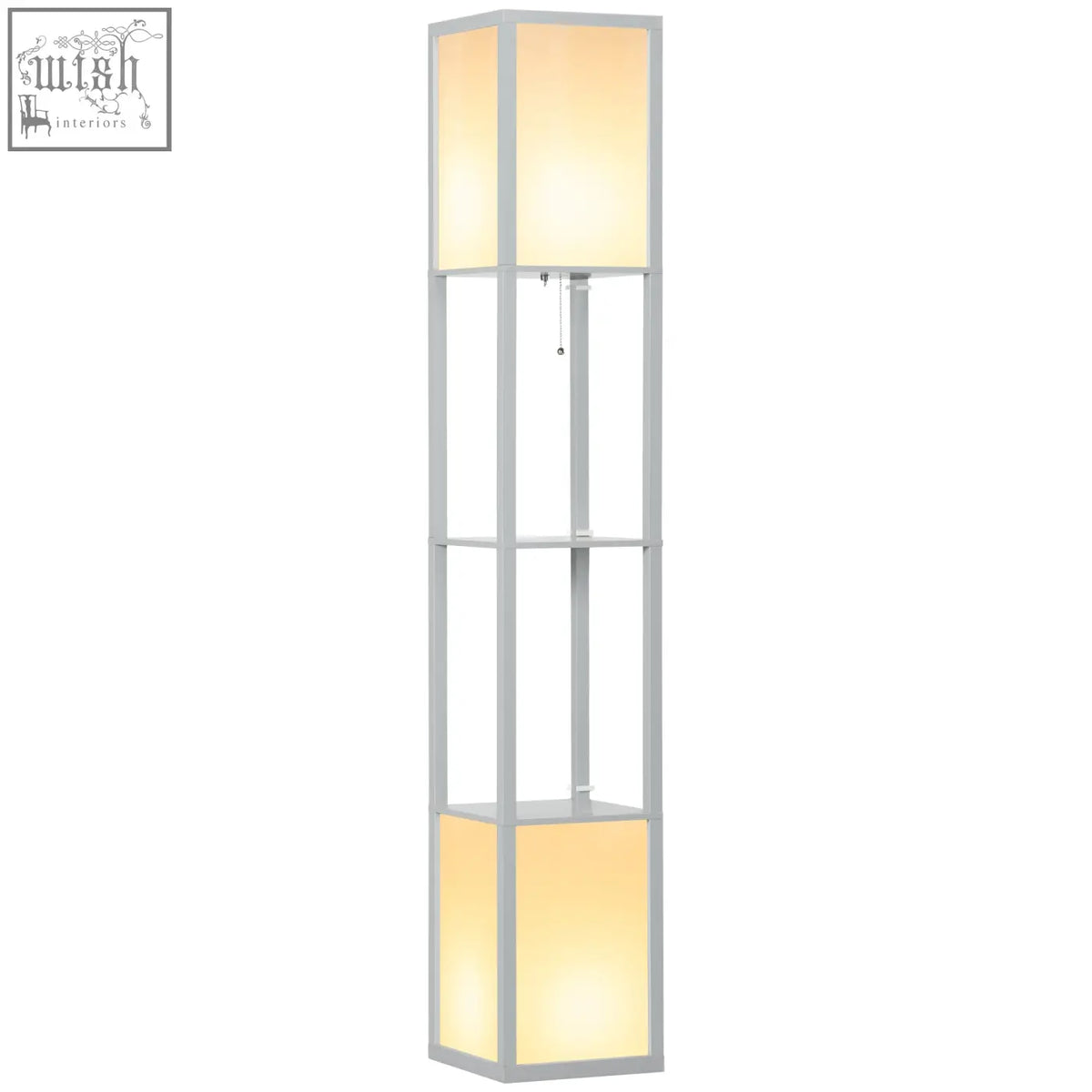 Modern silver HOMCOM floor lamp with two illuminated panels and two middle shelves for living room or bedroom