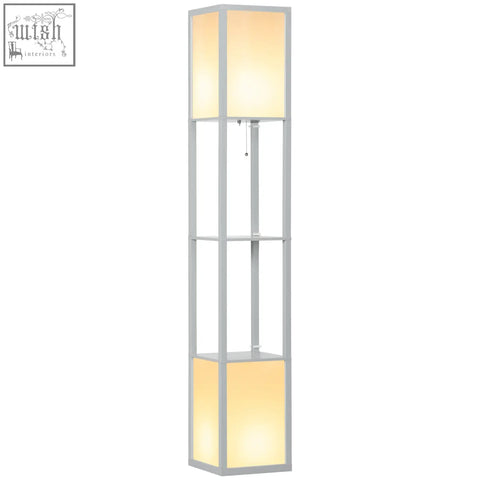 Modern silver HOMCOM floor lamp with two illuminated panels and two middle shelves for living room or bedroom