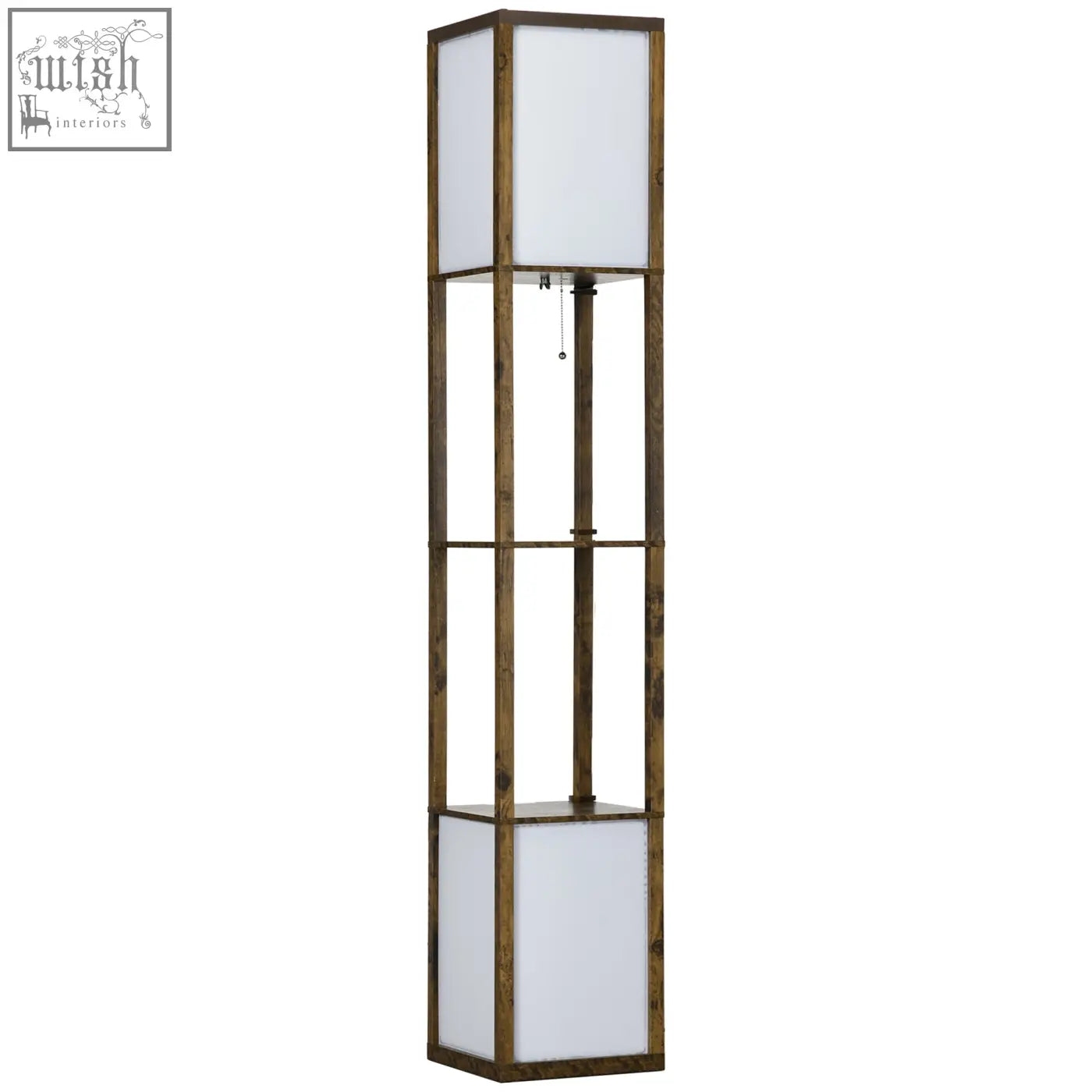 Homcom modern shelf floor lamp with rustic wooden frame frosted panels and two middle shelves in brown