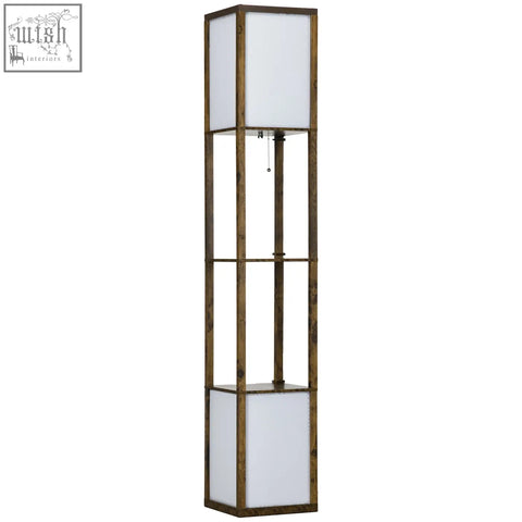 Homcom modern shelf floor lamp with rustic wooden frame frosted panels and two middle shelves in brown