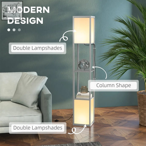 Homcom modern grey metallic floor lamp with two middle shelves and dual warm ambient light for living room and bedroom