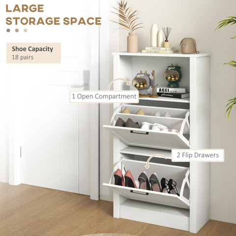 White homcom shoe storage cabinet with 2 flip drawers and adjustable shelves holds 10 pairs for hallway use