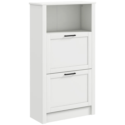 White modern shoe cabinet with 2 flip drawers black handles and open top shelf for shoe storage in entryway
