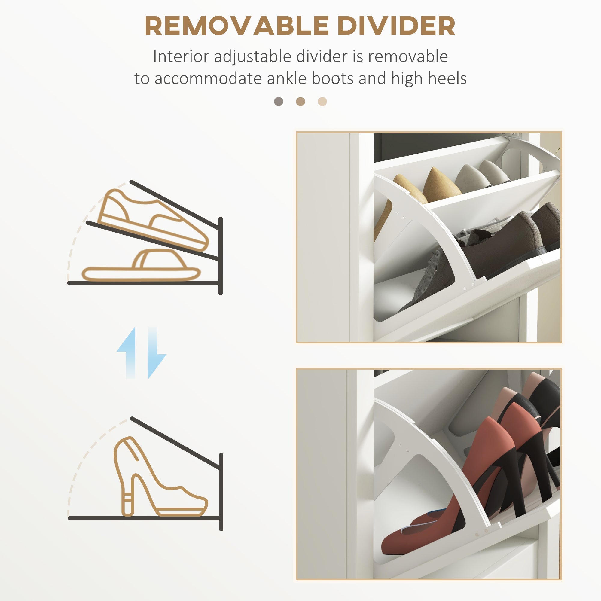 White plastic shoe storage cabinet with removable adjustable divider for entryway or hallway organization
