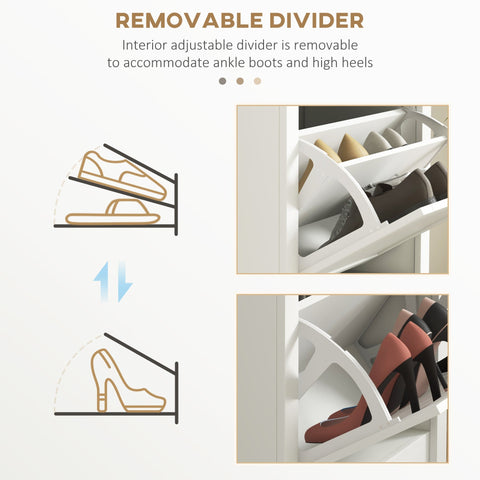 White plastic shoe storage cabinet with removable adjustable divider for entryway or hallway organization