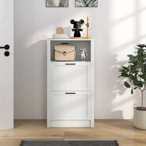 White minimalist HOMCOM shoe storage cabinet with two flip drawers and open shelf holds 10 pairs for entryway