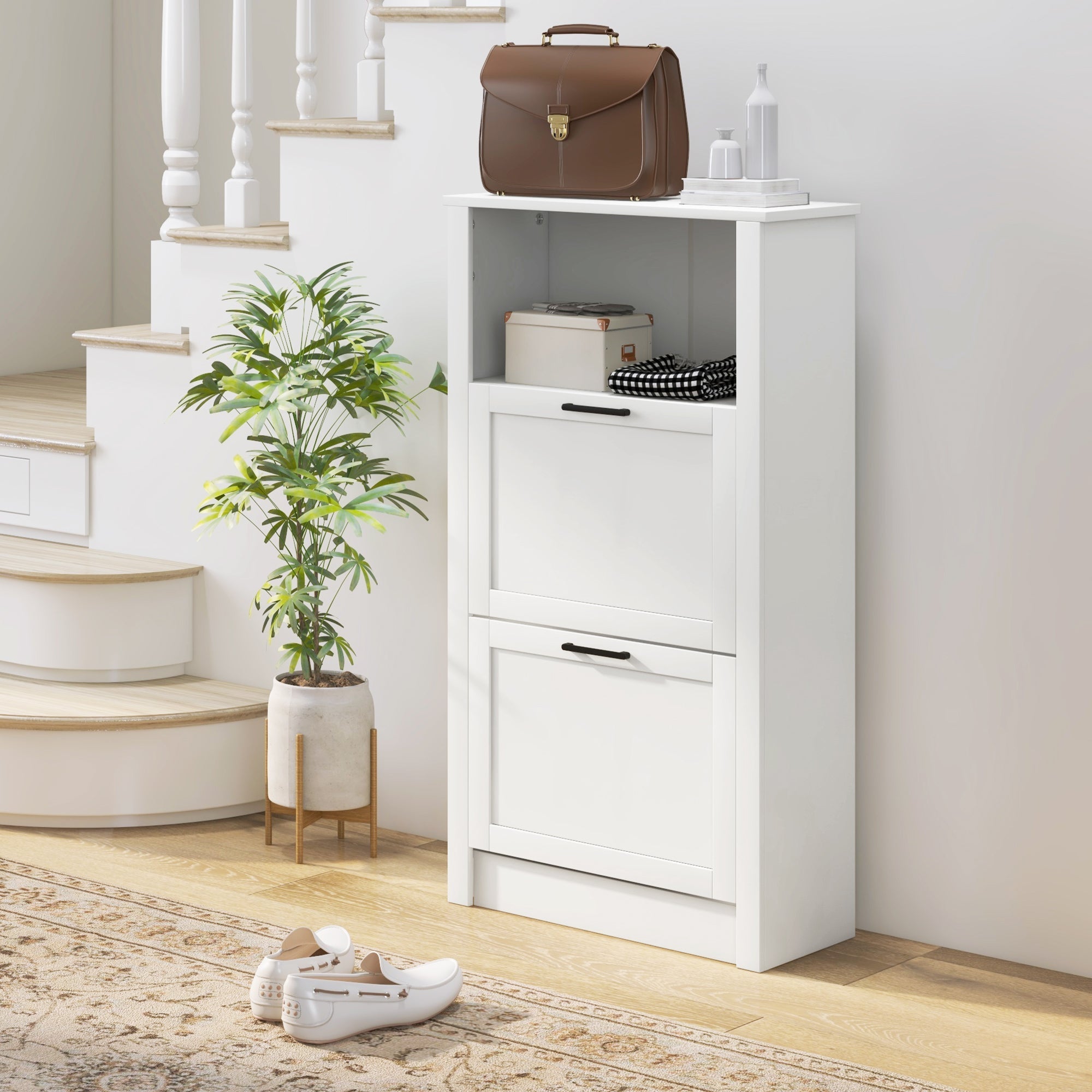 White minimalist shoe storage cabinet with 2 flip drawers and open shelf for entryway with adjustable shelves