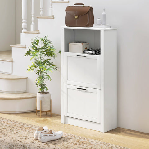 White minimalist shoe storage cabinet with 2 flip drawers and open shelf for entryway with adjustable shelves