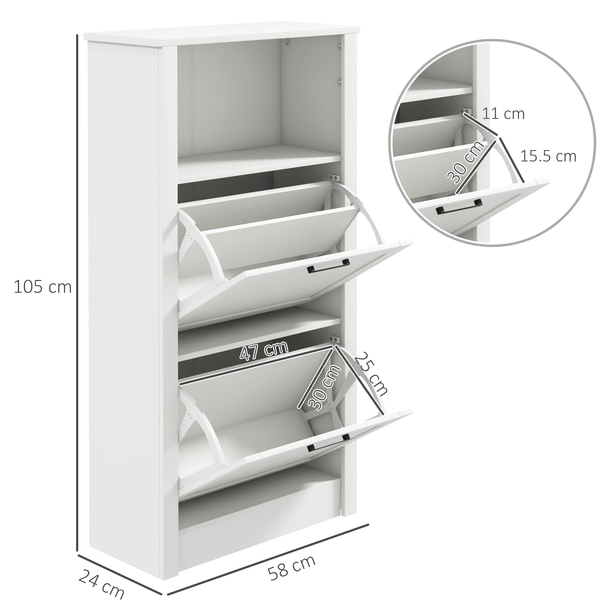 White modern shoe storage cabinet with 2 flip drawers and adjustable shelves holds 10 pairs for entryway use