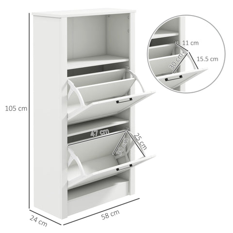 White modern shoe storage cabinet with 2 flip drawers and adjustable shelves holds 10 pairs for entryway use