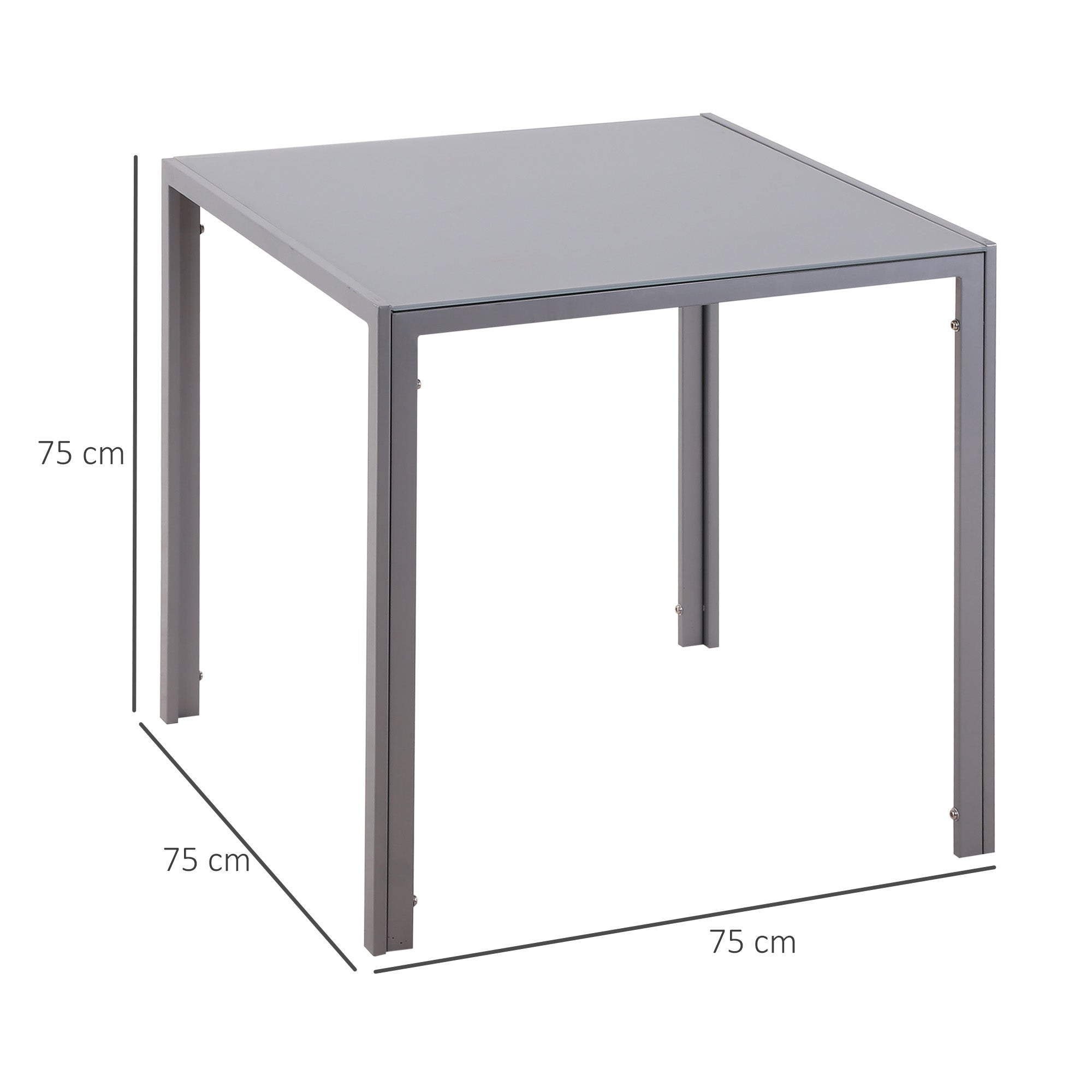 Gray metal square dining table with 75 cm sides featuring tempered glass top and powder coated steel legs for indoor use
