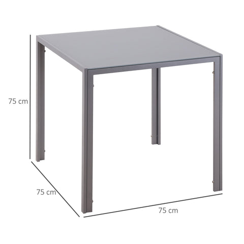 Gray metal square dining table with 75 cm sides featuring tempered glass top and powder coated steel legs for indoor use