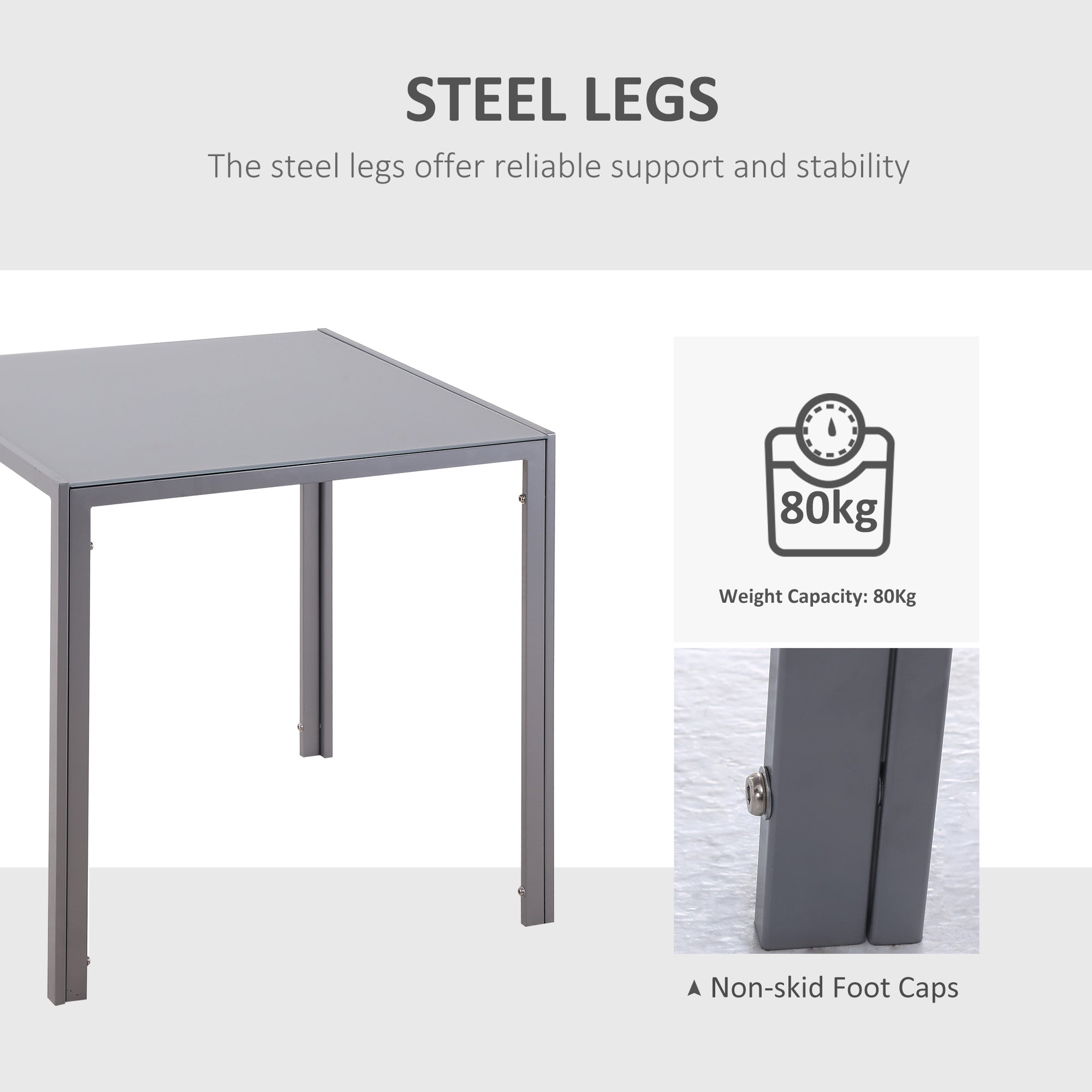 Gray powder coated steel legs with non skid foot caps on homcom modern dining table with tempered glass top