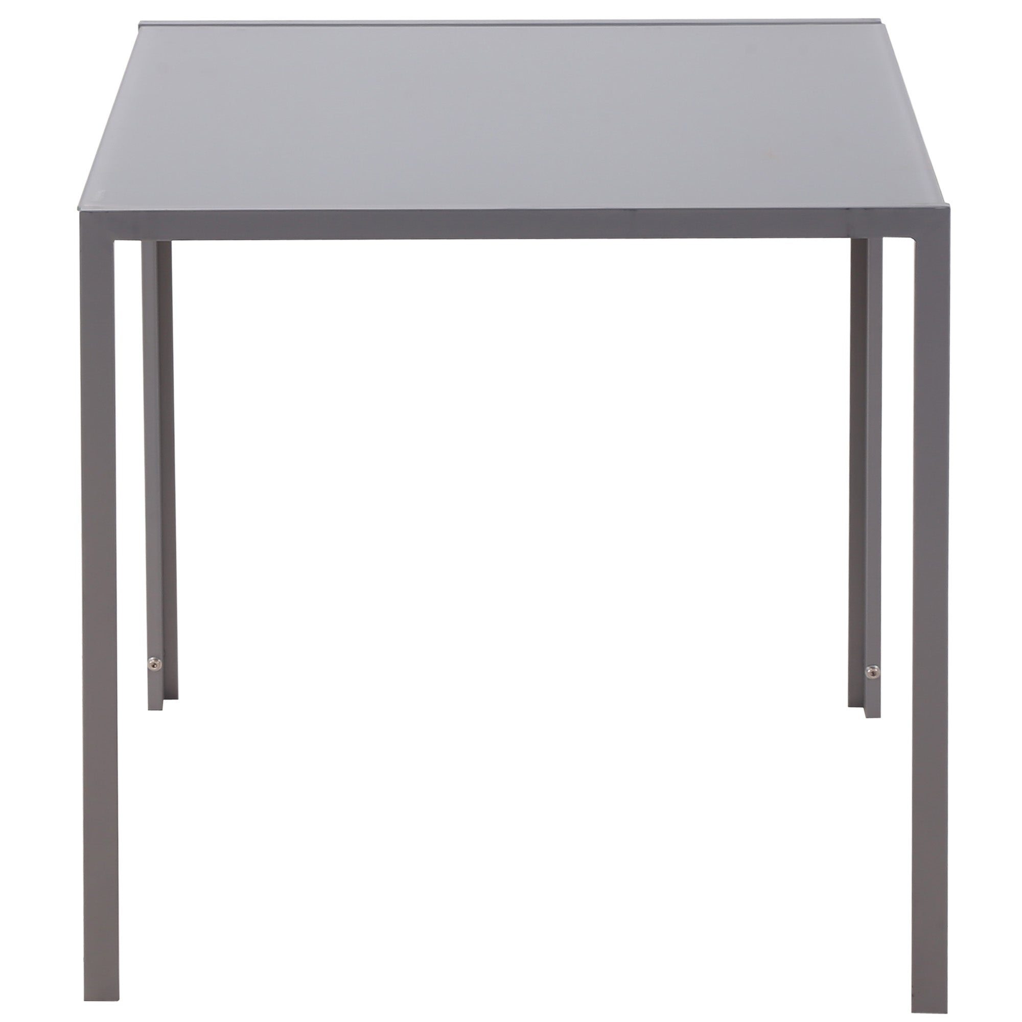 Modern gray metal dining table with powder coated steel legs and tempered glass top for living or dining room use