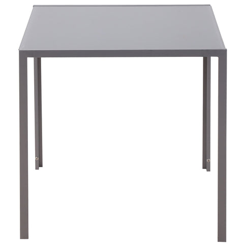 Modern gray metal dining table with powder coated steel legs and tempered glass top for living or dining room use