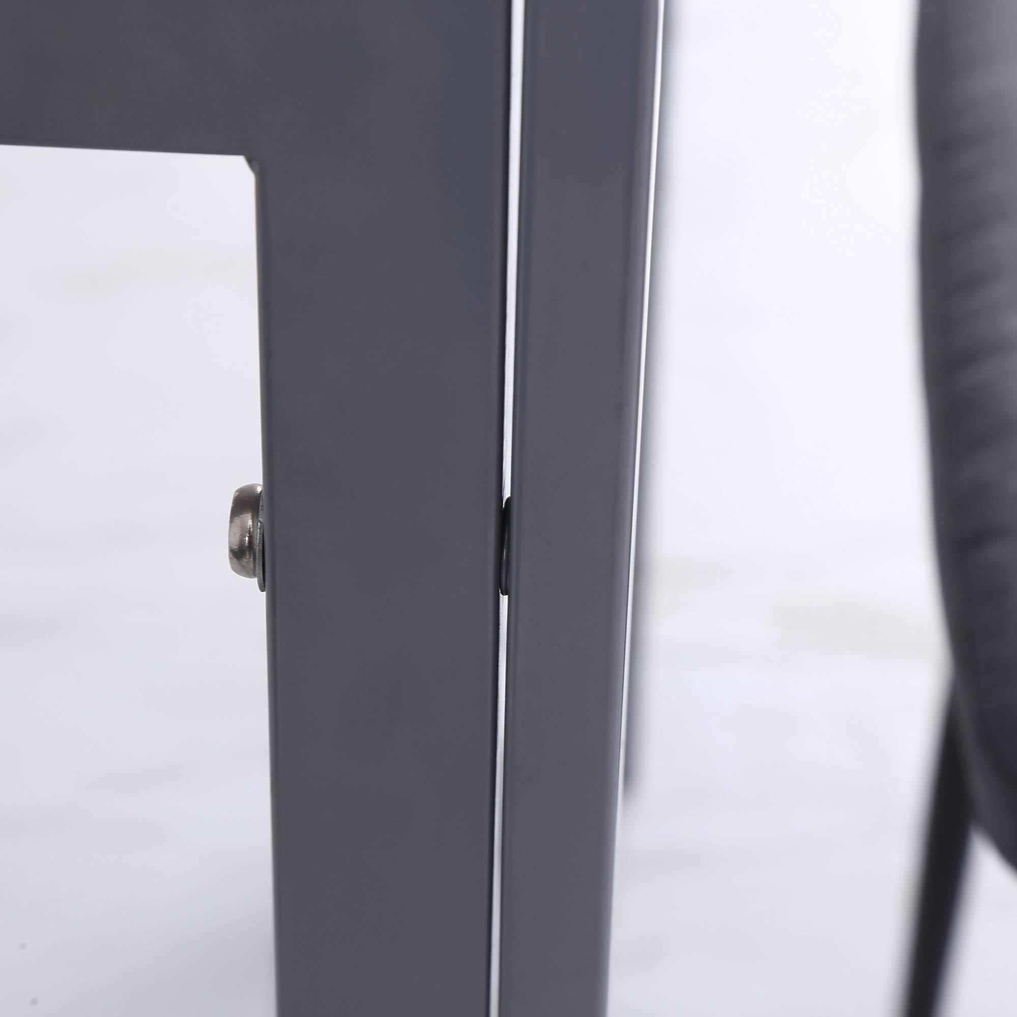 Gray metal cabinet door with silver handle on homcom dining table featuring powder coated steel legs and tempered glass top