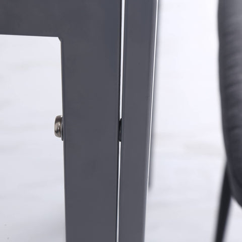 Gray metal cabinet door with silver handle on homcom dining table featuring powder coated steel legs and tempered glass top
