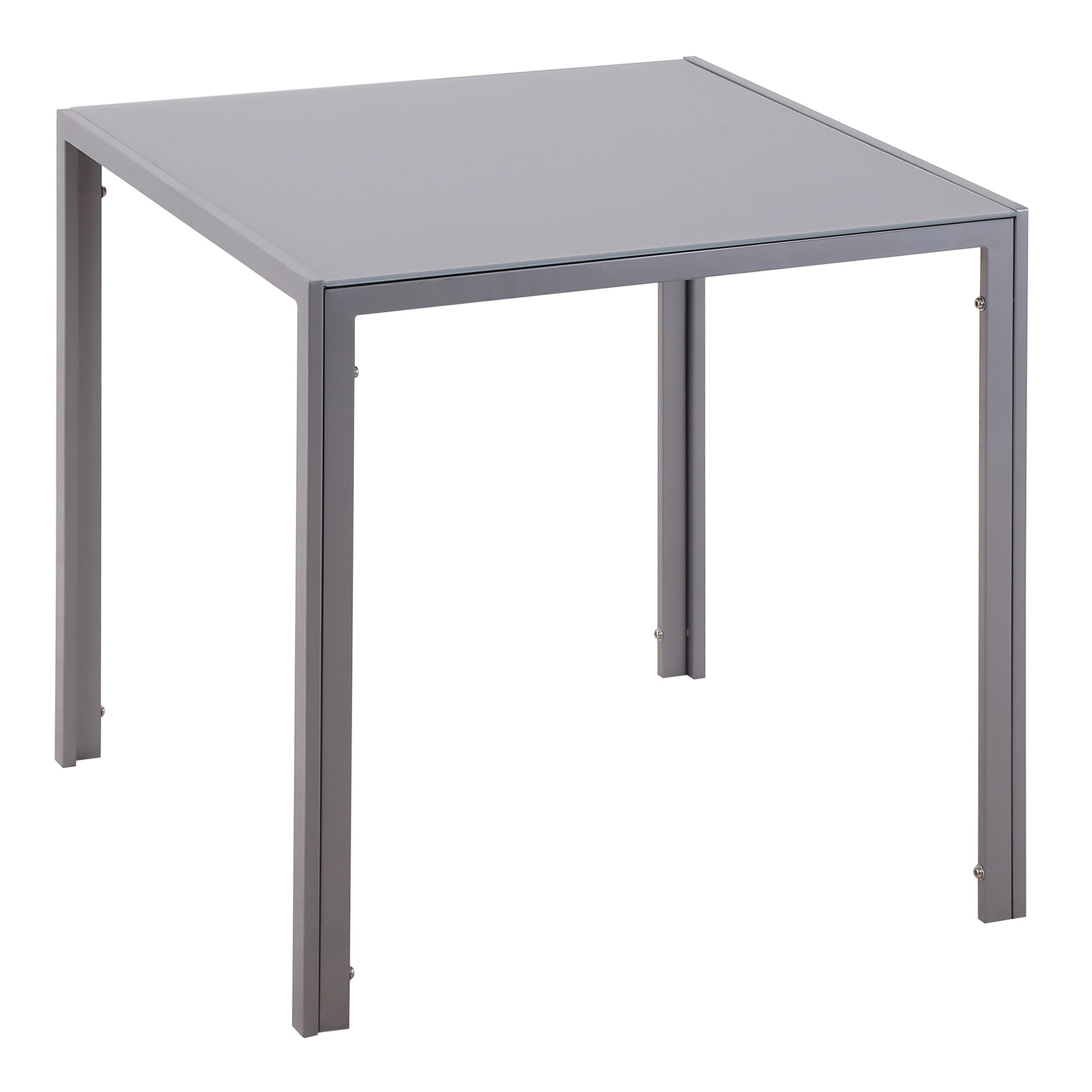 Modern gray dining table with tempered glass top and powder coated steel legs for dining room and living area
