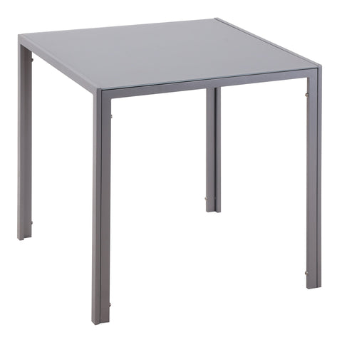 Modern gray dining table with tempered glass top and powder coated steel legs for dining room and living area
