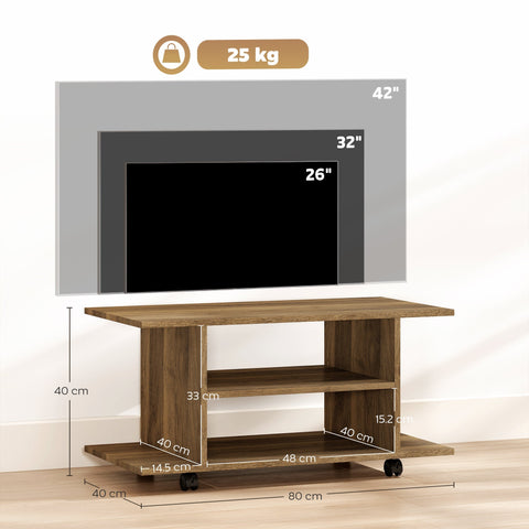Brown particle board tv stand with two shelves and black caster wheels for modern bedroom storage by HOMCOM