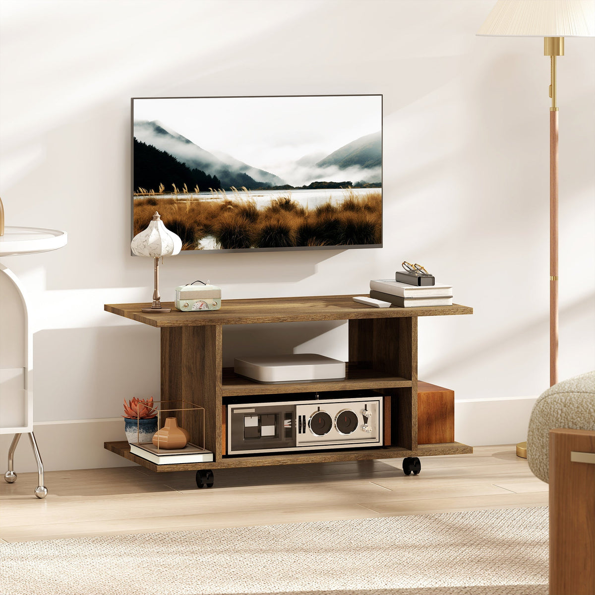 Brown wooden tv stand with open shelves black caster wheels made of particle board for modern bedroom storage
