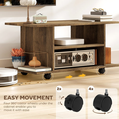 Brown particle board media console with four black 360 degree caster wheels for mobile storage and display