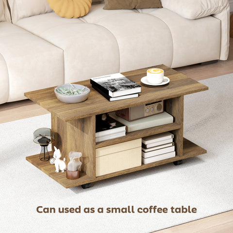 Homcom modern tv cabinet stand with warm brown particle board finish, multiple shelves, and black caster wheels