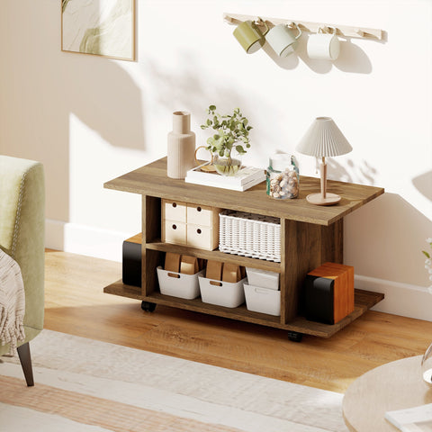 Wooden console table with rustic finish and open shelving made of particle board for modern storage and display
