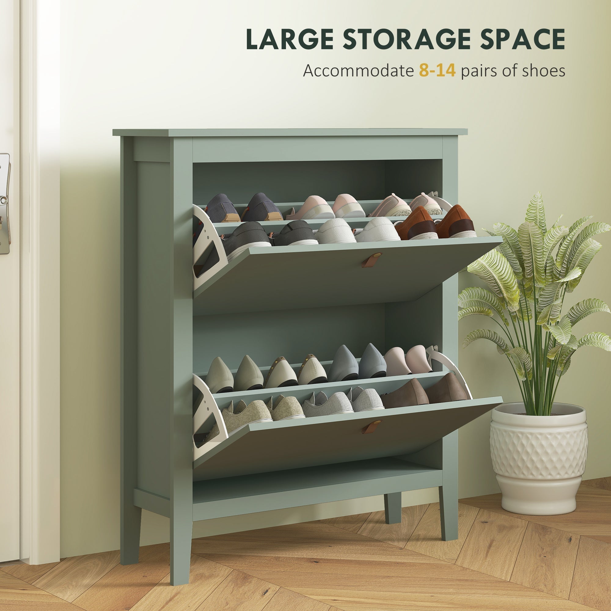 Green wooden shoe cabinet with two flip drawers and pull-out shelves for modern storage by HOMCOM