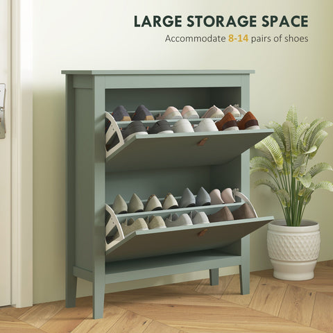 Green wooden shoe cabinet with two flip drawers and pull-out shelves for modern storage by HOMCOM