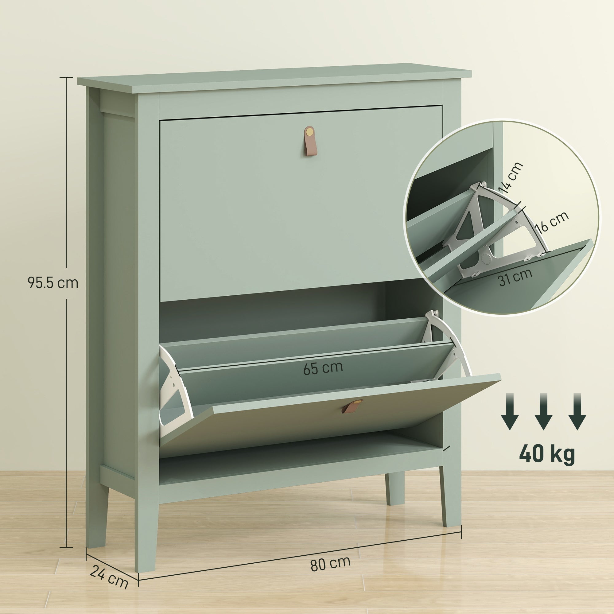 Light green wooden shoe cabinet with two flip drawers and single door for modern storage by homcom