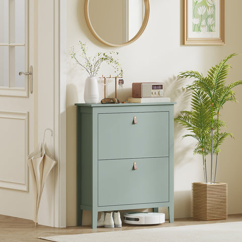 Mint green HOMCOM modern shoe cabinet with two flip drawers and minimalist design featuring small metallic handles