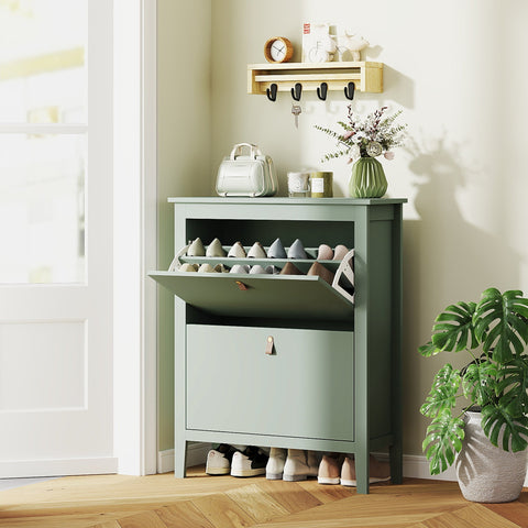 Mint green wooden shoe cabinet with two flip drawers, pull-out shelf, and black metal hooks by HOMCOM