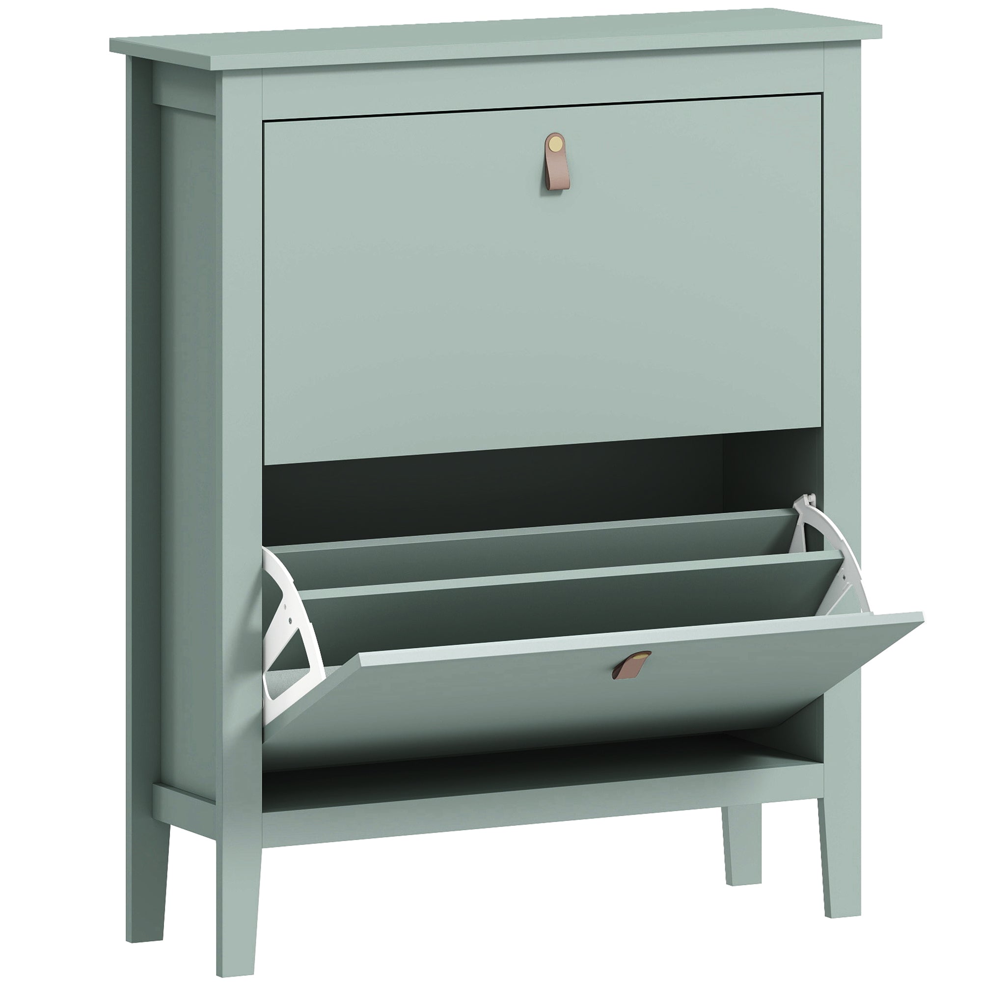 A sleek green wooden shoe cabinet with two flip drawers and white metal hinges for modern storage