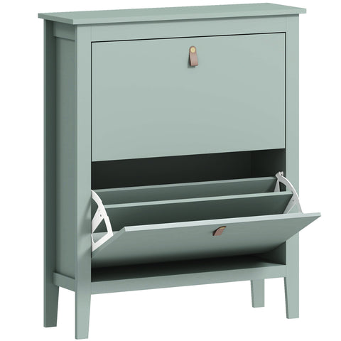 A sleek green wooden shoe cabinet with two flip drawers and white metal hinges for modern storage