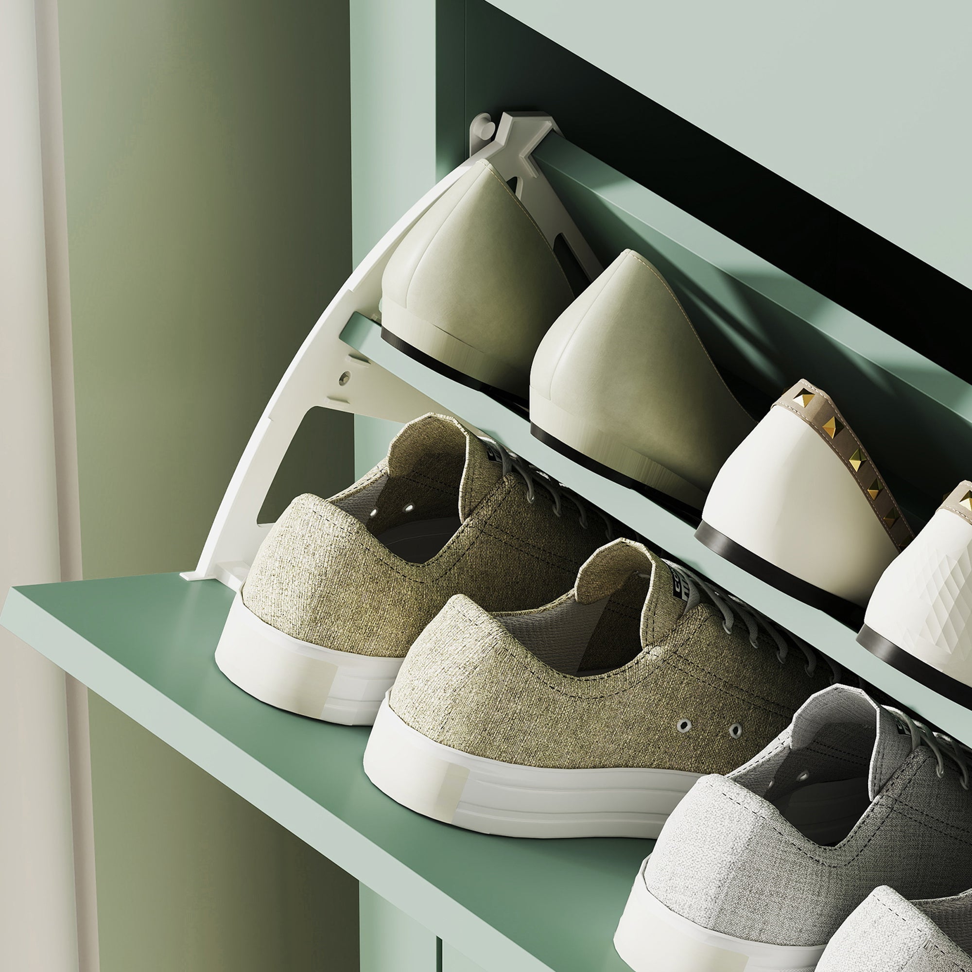 A sleek white plastic shoe cabinet with two flip drawers and a modern minimalist design for organized shoe storage